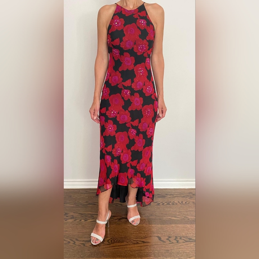 Super elegant 100% silk long, party dress. High/low design. Red, black size 6